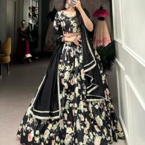 102_6921c4be-0127-413d-bf5c-42365e9213a7-1.jpg Black Color Tussar Silk Floral Printed Lehenga Choli