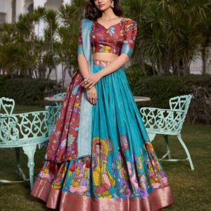 107_e1523224-db16-444e-ac1d-382ecfb87a39-1.jpg Firozi Color Dola Silk Kalamkari Printed Lehenga Choli